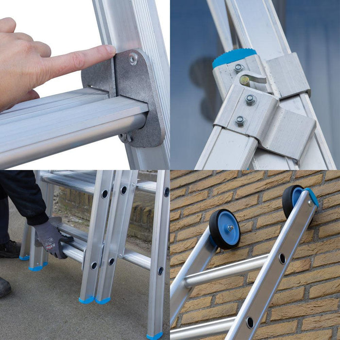 Eurostairs Merhzweckleiter dreiteilig gebogen 3x12 Sprossen + Giebelrollen - Gerüstexpress.de