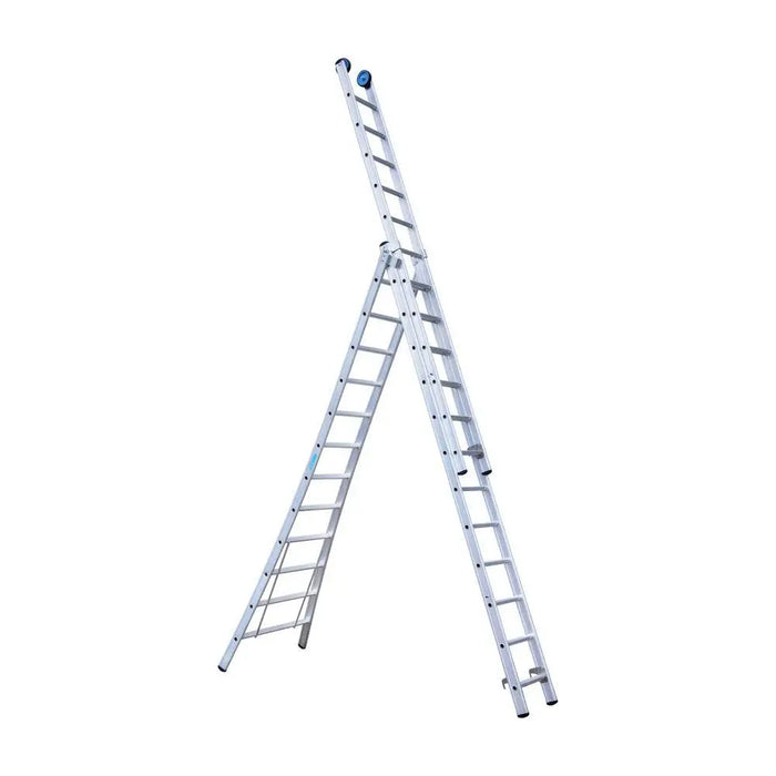 Eurostairs Merhzweckleiter dreiteilig gebogen 3x12 Sprossen + Giebelrollen - Gerüstexpress.de