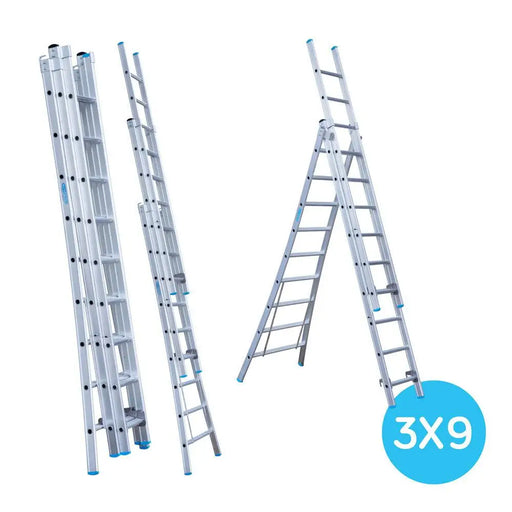 Eurostairs Merhzweckleiter dreiteilig gebogen 3x9 Sprossen - Gerüstexpress.de