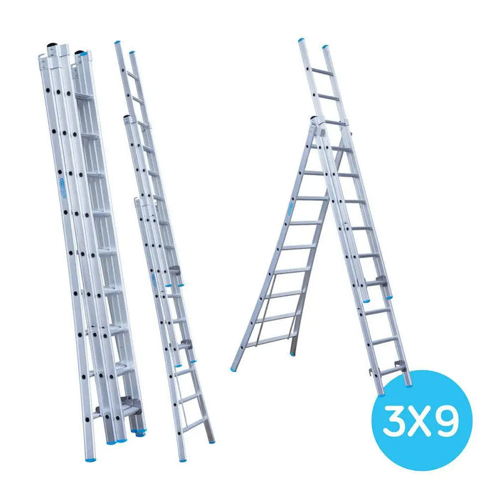 Eurostairs Merhzweckleiter dreiteilig gebogen 3x9 Sprossen - Gerüstexpress.de