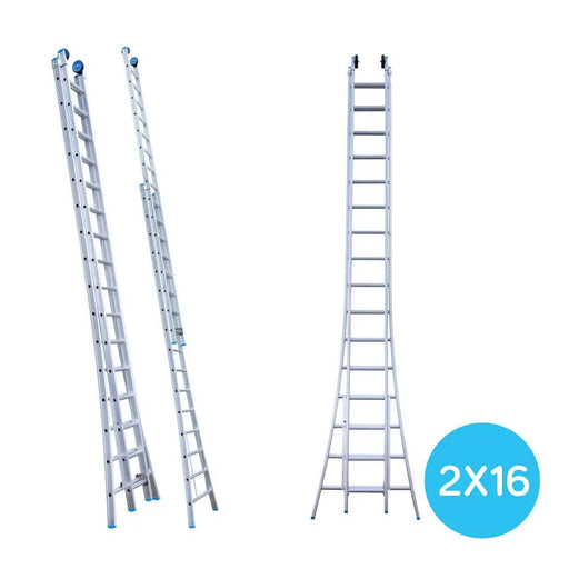 Eurostairs Schiebeleiter doppelt gebogen 2x16 Sprossen + Rollen am Giebelende - Gerüstexpress.de