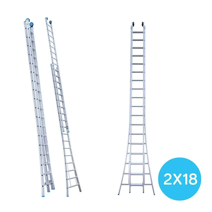 Eurostairs Schiebeleiter doppelt gebogen 2x18 Sprossen + Rollen am Giebelende - Gerüstexpress.de