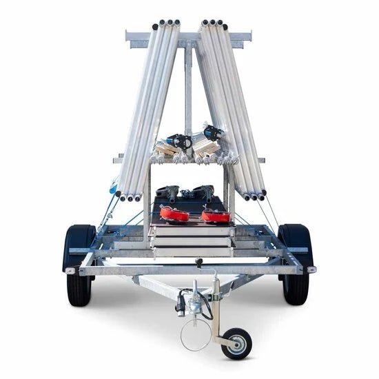 Gerüstanhänger 250cm offen inklusive Alumexx Budget Rollgerüst 135x250 8,2 m Arbeitshöhe - Gerüstexpress.de