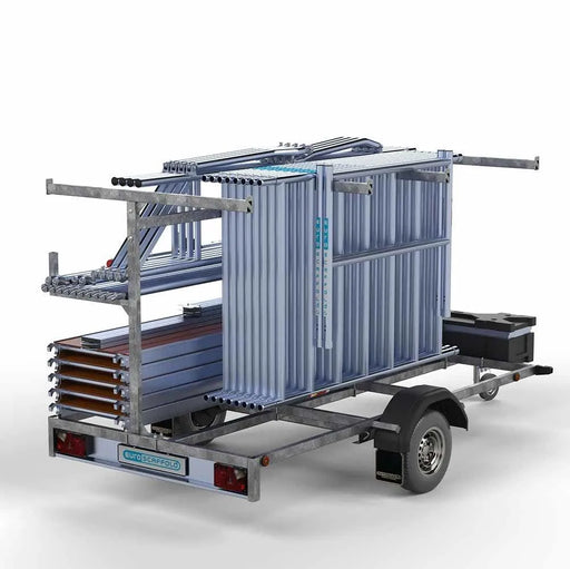 Gerüstanhänger 305 + Rollgerüst Standard 135x305 12,2m Arbeitshöhe einfaches Sicherheitsgeländer - Gerüstexpress.de