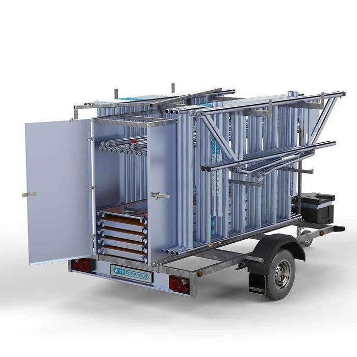 Gerüstanhänger abschließbarer Gerüstanhänger 250 + Rollgerüst Standard 135x250 10,2m Arbeitshöhe Carbonplattform einfaches Sicherheitsgeländer - Gerüstexpress.de