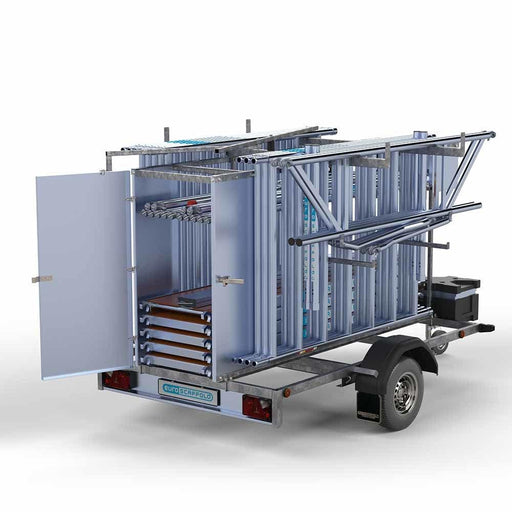 Gerüstanhänger abschließbarer Gerüstanhänger 250 + Rollgerüst Standard 135x250 12,2m Arbeitshöhe Carbonplattform einfaches Sicherheitsgeländer - Gerüstexpress.de