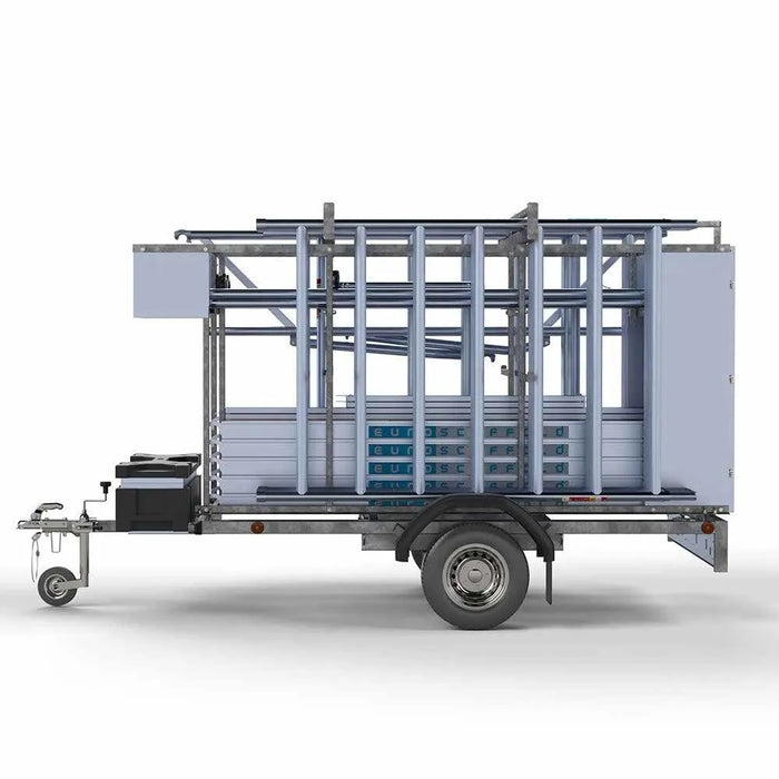 Gerüstanhänger abschließbarer Gerüstanhänger 250 + Rollgerüst Standard 135x250 8,2m Arbeitshöhe Carbonplattform einfaches Sicherheitsgeländer - Gerüstexpress.de