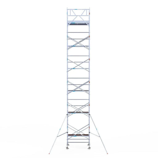 Rollgerüst Eurogerüst Original 135x190 13,2m Arbeitshöhe Carbonplattform gegen Fassade - Gerüstexpress.de