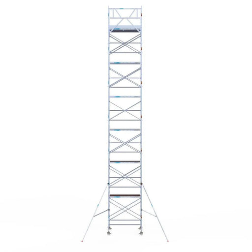 Rollgerüst Eurogerüst Original 135x190 14,2m Arbeitshöhe Carbonplattform gegen Fassade - Gerüstexpress.de