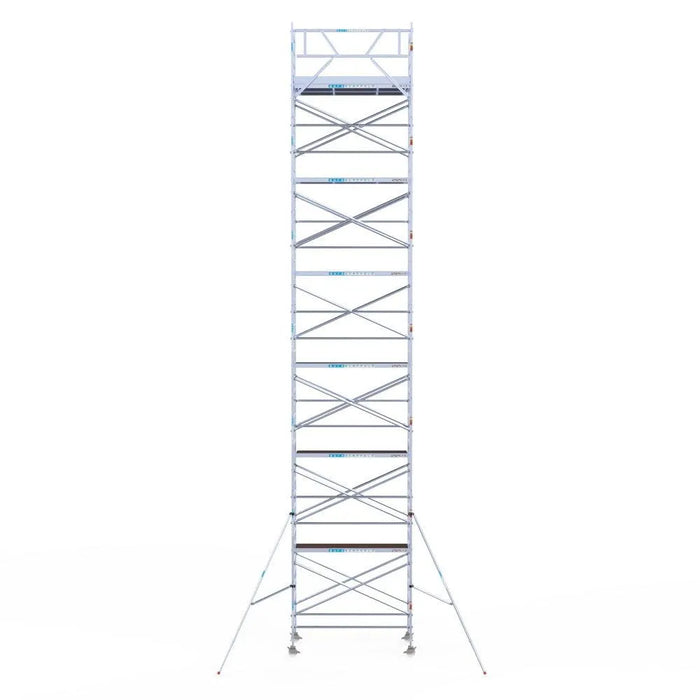 Rollgerüst Eurogerüst Original 135x250 14,2m Arbeitshöhe Carbonplattform gegen Fassade - Gerüstexpress.de