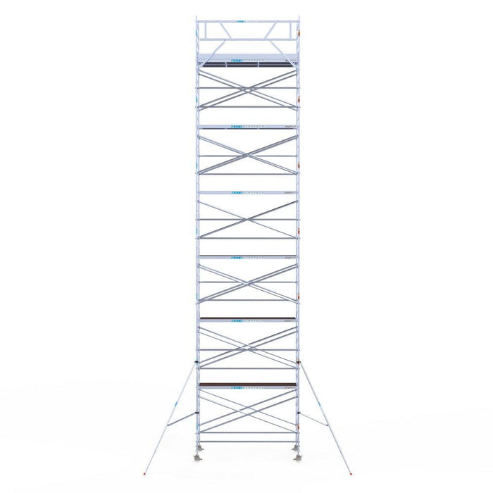 Rollgerüst Eurogerüst Original 135x305 14,2m Arbeitshöhe Carbonplattform gegen Fassade - Gerüstexpress.de