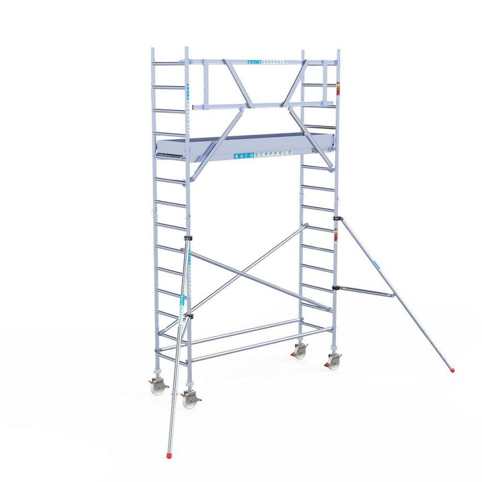 Rollgerüst Eurogerüst Original 75x250 5,2m Arbeitshöhe Carbonplattform gegen Fassade - Gerüstexpress.de