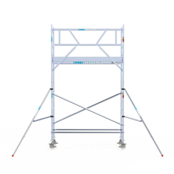 Rollgerüst Eurogerüst Original 75x250 5,2m Arbeitshöhe Carbonplattform gegen Fassade - Gerüstexpress.de