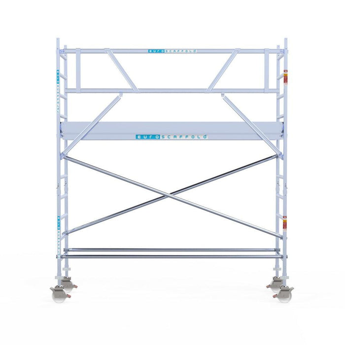 Rollgerüst Eurogerüst Original 75x305 4,2m Arbeitshöhe Carbonplattform gegen Fassade - Gerüstexpress.de