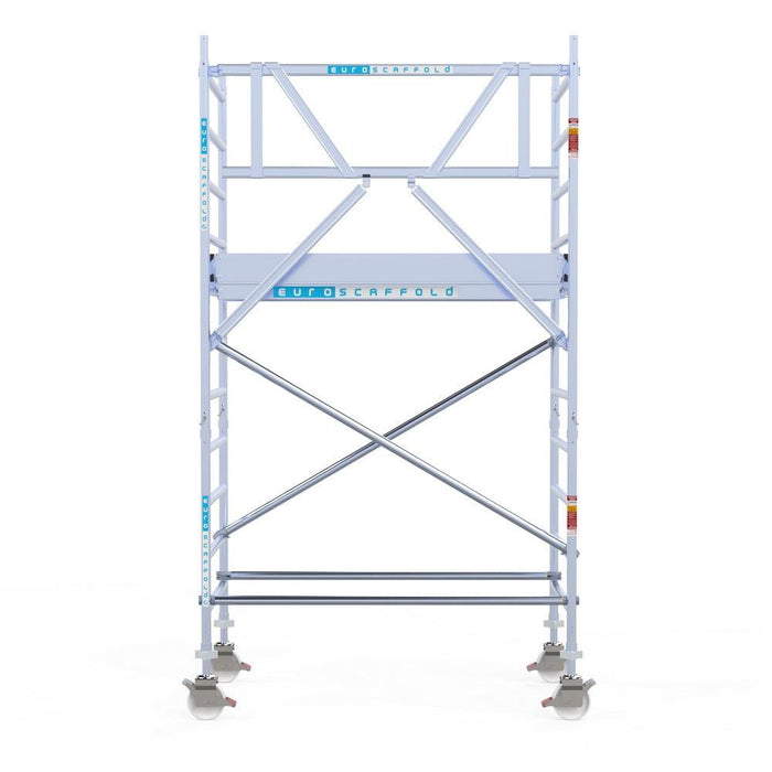 Rollgerüst Eurogerüst Original 90x190 4,2m Arbeitshöhe Carbonplattform gegen Fassade - Gerüstexpress.de