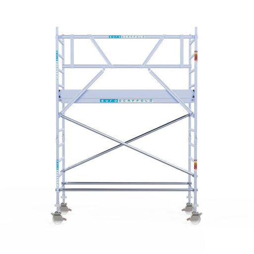 Rollgerüst Eurogerüst Original 90x250 4,2m Arbeitshöhe Carbonplattform gegen Fassade - Gerüstexpress.de