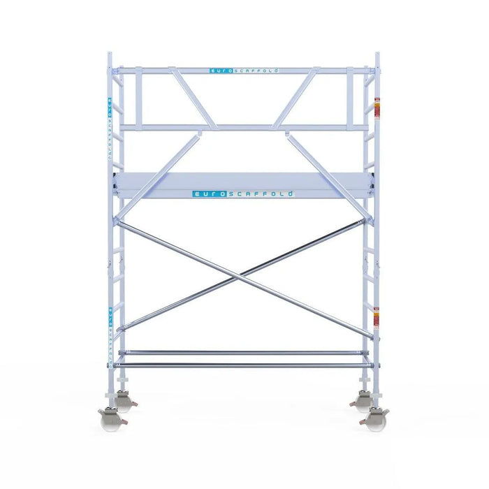 Rollgerüst Eurogerüst Original 90x250 4,2m Arbeitshöhe Carbonplattform gegen Fassade - Gerüstexpress.de