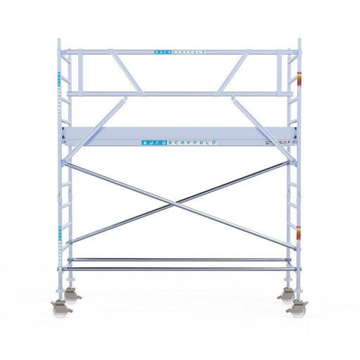 Rollgerüst Eurogerüst Original 90x305 4,2m Arbeitshöhe Carbonplattform gegen Fassade - Gerüstexpress.de