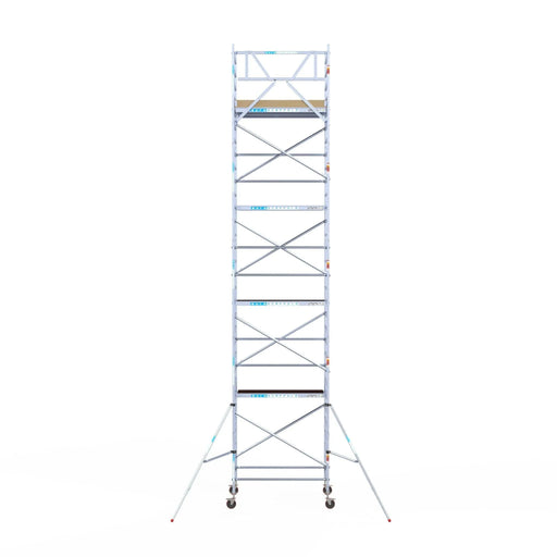 Rollgerüst Euroscaffold Basic 135x190 10,2m Arbeitshöhe Carbonplattform gegen Fassade - Gerüstexpress.de