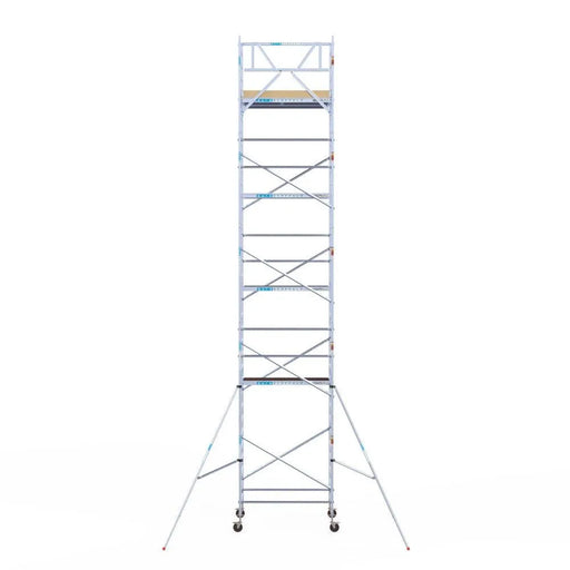 Rollgerüst Euroscaffold Basic 135x190 11,2m Arbeitshöhe Carbonplattform gegen Fassade - Gerüstexpress.de