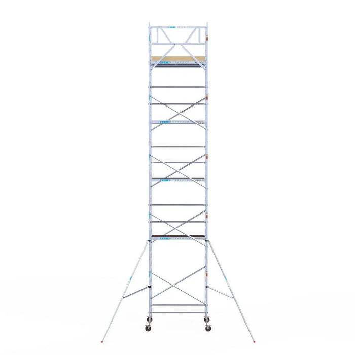 Rollgerüst Euroscaffold Basic 135x190 11,2m Arbeitshöhe Carbonplattform gegen Fassade - Gerüstexpress.de