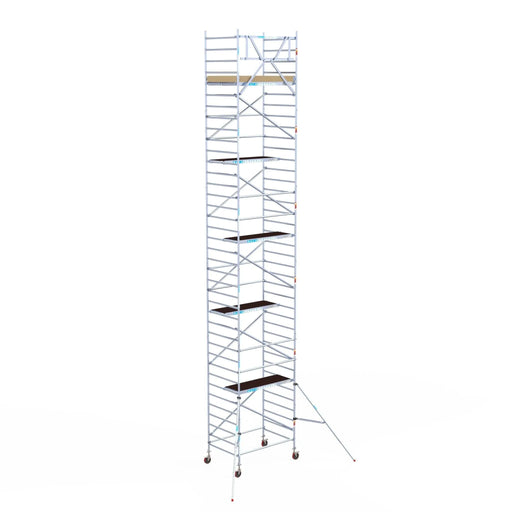 Rollgerüst Euroscaffold Basic 135x190 12,2m Arbeitshöhe Carbonplattform gegen Fassade - Gerüstexpress.de