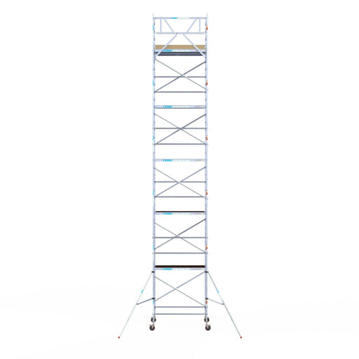 Rollgerüst Euroscaffold Basic 135x190 12,2m Arbeitshöhe Carbonplattform gegen Fassade - Gerüstexpress.de