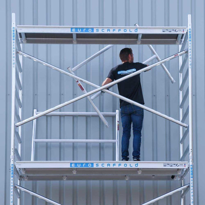 Rollgerüst Euroscaffold Basic 135x190 7,2m Arbeitshöhe Carbonplattform gegen Fassade - Gerüstexpress.de