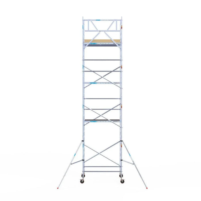 Rollgerüst Euroscaffold Basic 135x190 9,2m Arbeitshöhe Carbonplattform gegen Fassade - Gerüstexpress.de