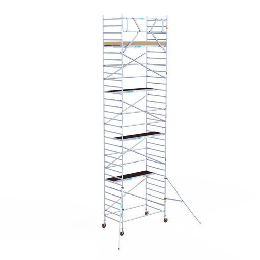 Rollgerüst Euroscaffold Basic 135x250 10,2m Arbeitshöhe Carbonplattform gegen Fassade - Gerüstexpress.de