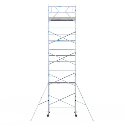 Rollgerüst Euroscaffold Basic 135x250 11,2m Arbeitshöhe Carbonplattform gegen Fassade - Gerüstexpress.de