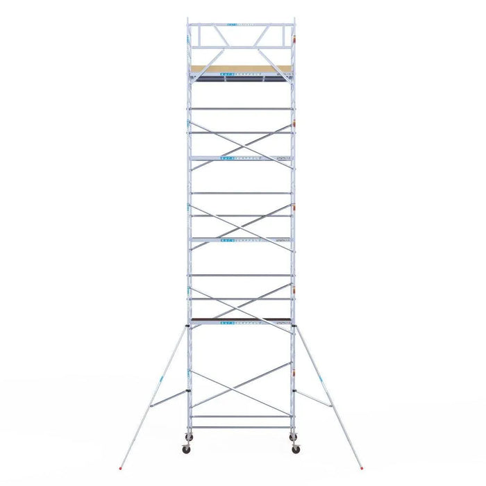 Rollgerüst Euroscaffold Basic 135x250 11,2m Arbeitshöhe Carbonplattform gegen Fassade - Gerüstexpress.de