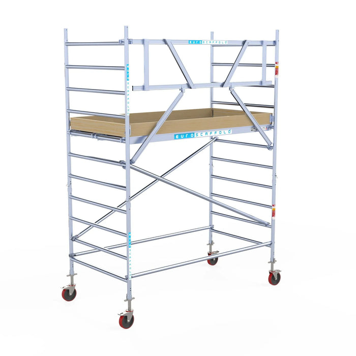 Rollgerüst Euroscaffold Basic 135x250 4,2m Arbeitshöhe Carbonplattform gegen Fassade - Gerüstexpress.de