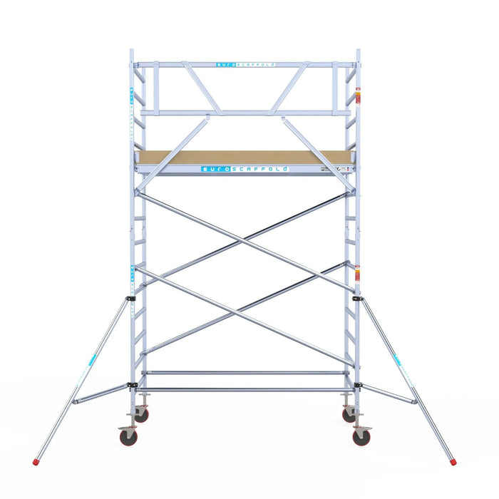 Rollgerüst Euroscaffold Basic 135x250 5,2m Arbeitshöhe Carbonplattform gegen Fassade - Gerüstexpress.de