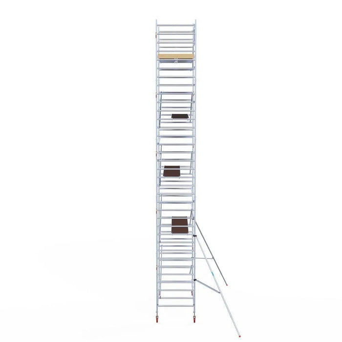 Rollgerüst Euroscaffold Basic 135x305 11,2m Arbeitshöhe Carbonplattform gegen Fassade - Gerüstexpress.de