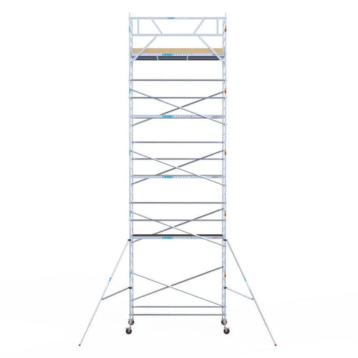 Rollgerüst Euroscaffold Basic 135x305 11,2m Arbeitshöhe Carbonplattform gegen Fassade - Gerüstexpress.de