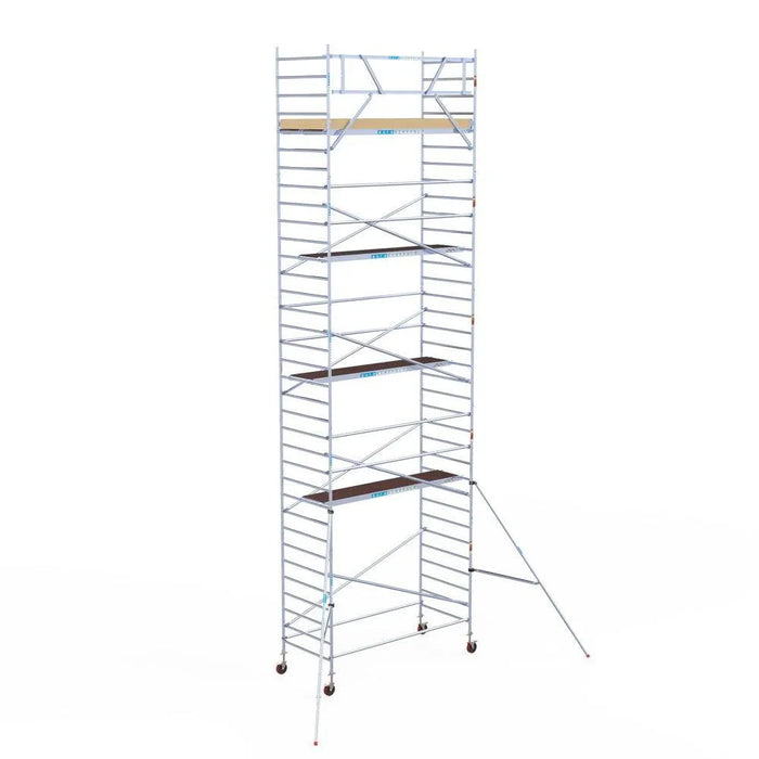 Rollgerüst Euroscaffold Basic 135x305 11,2m Arbeitshöhe Carbonplattform gegen Fassade - Gerüstexpress.de