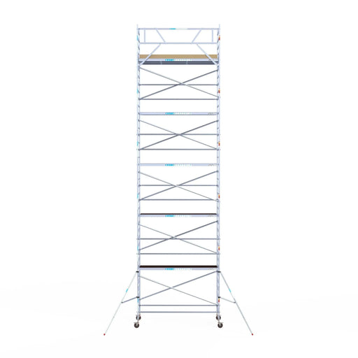 Rollgerüst Euroscaffold Basic 135x305 12,2m Arbeitshöhe Carbonplattform gegen Fassade - Gerüstexpress.de