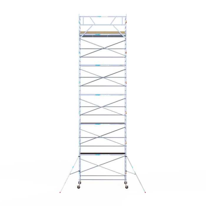 Rollgerüst Euroscaffold Basic 135x305 12,2m Arbeitshöhe Carbonplattform gegen Fassade - Gerüstexpress.de