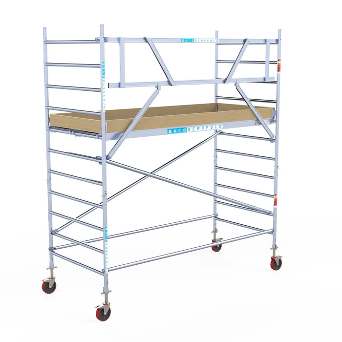 Rollgerüst Euroscaffold Basic 135x305 4,2m Arbeitshöhe Carbonplattform gegen Fassade - Gerüstexpress.de