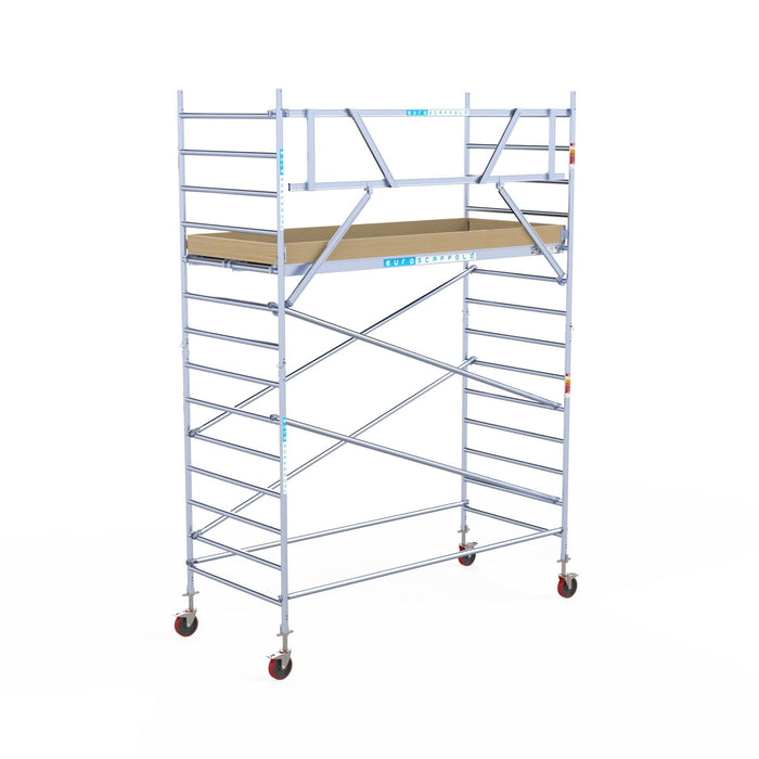 Rollgerüst Euroscaffold Basic 135x305 5,2m Arbeitshöhe Carbonplattform gegen Fassade - Gerüstexpress.de