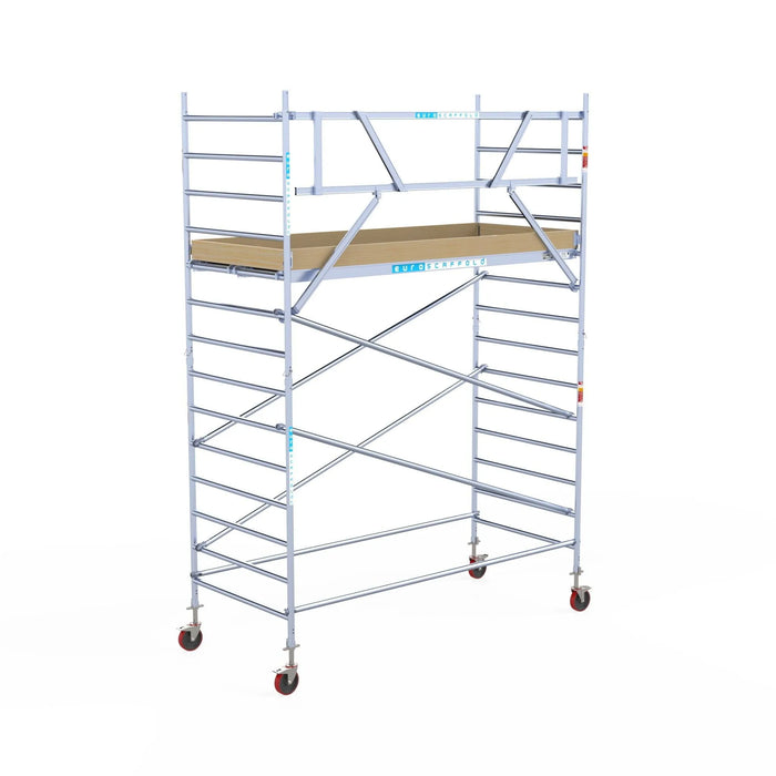 Rollgerüst Euroscaffold Basic 135x305 5,2m Arbeitshöhe Carbonplattform gegen Fassade - Gerüstexpress.de