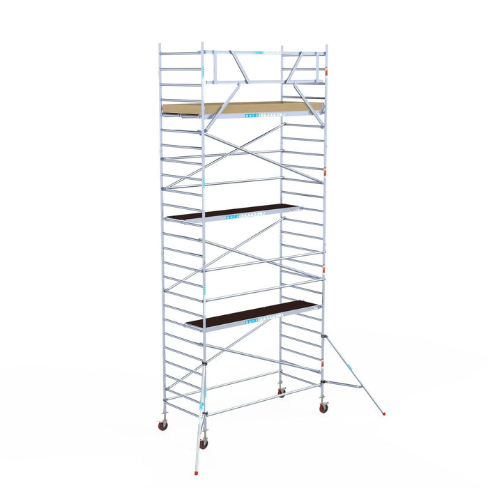 Rollgerüst Euroscaffold Basic 135x305 8,2m Arbeitshöhe Carbonplattform gegen Fassade - Gerüstexpress.de