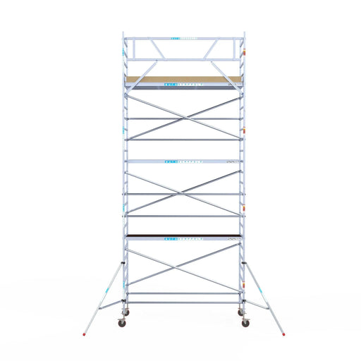 Rollgerüst Euroscaffold Basic 135x305 8,2m Arbeitshöhe Carbonplattform gegen Fassade - Gerüstexpress.de