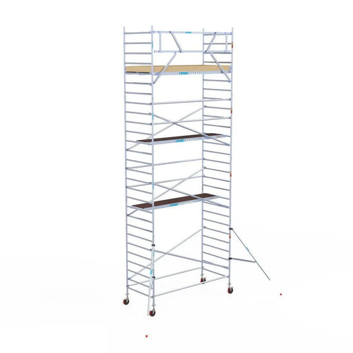 Rollgerüst Euroscaffold Basic 135x305 9,2m Arbeitshöhe Carbonplattform gegen Fassade - Gerüstexpress.de