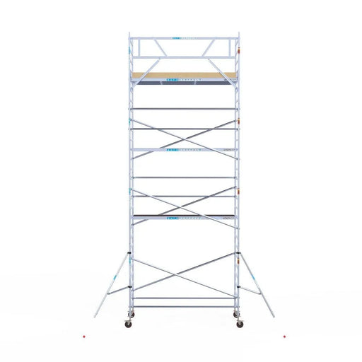 Rollgerüst Euroscaffold Basic 135x305 9,2m Arbeitshöhe Carbonplattform gegen Fassade - Gerüstexpress.de