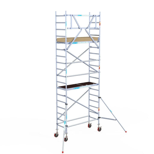 Rollgerüst Euroscaffold Basic 75x190 6,2m Arbeitshöhe an der Fassade - Gerüstexpress.de