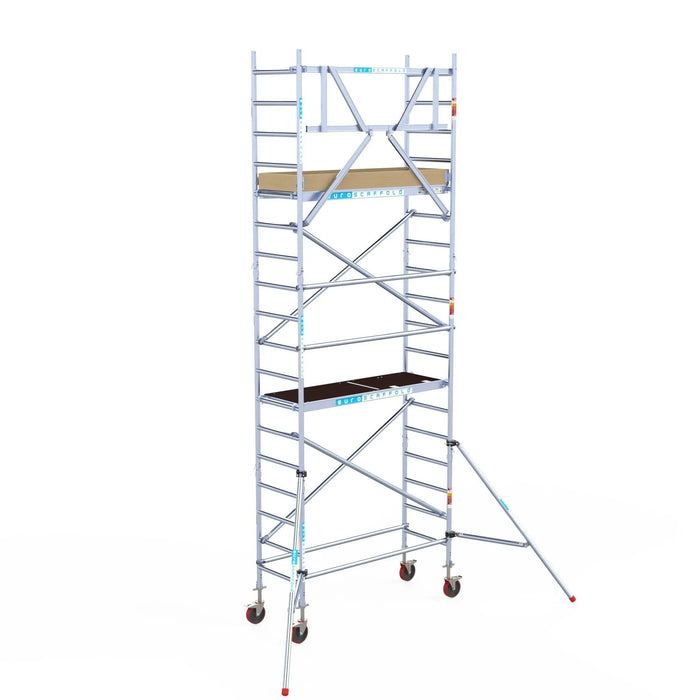 Rollgerüst Euroscaffold Basic 75x190 6,2m Arbeitshöhe Carbonplattform gegen Fassade - Gerüstexpress.de