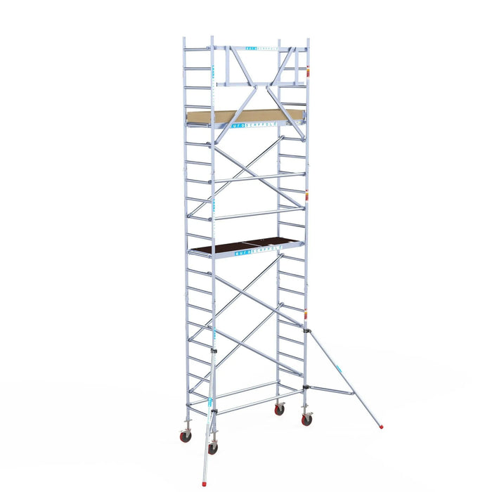 Rollgerüst Euroscaffold Basic 75x190 7,2m Arbeitshöhe Carbonplattform gegen Fassade - Gerüstexpress.de
