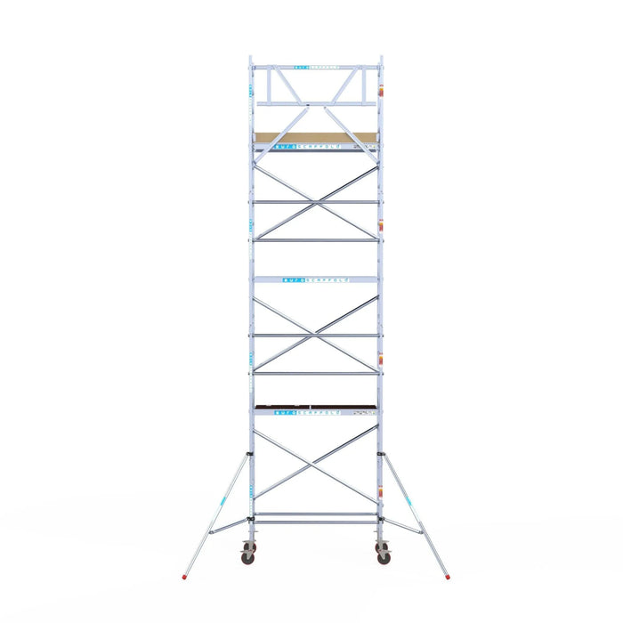 Rollgerüst Euroscaffold Basic 75x190 8,2m Arbeitshöhe Carbonplattform gegen Fassade - Gerüstexpress.de